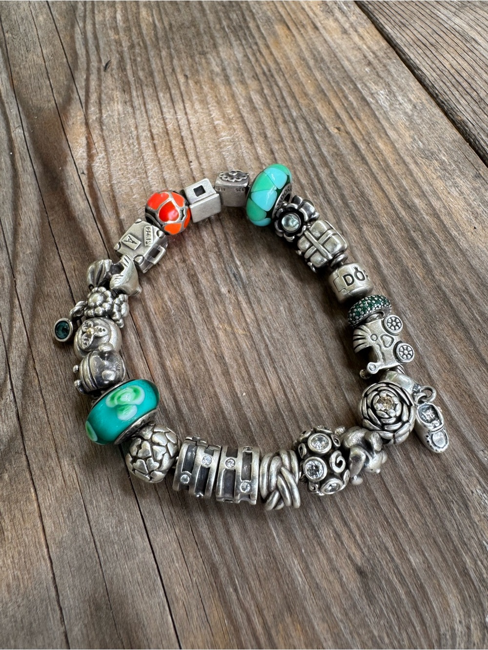Pandora Silver Charm Bracelet with Turquoise and Orange Accents - Picture 2 of 2
